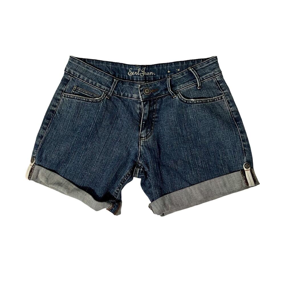 Earl Jean Denim Shorts Womens Size 6 Blue Low Rise Cuffed Hem Pockets Stretch